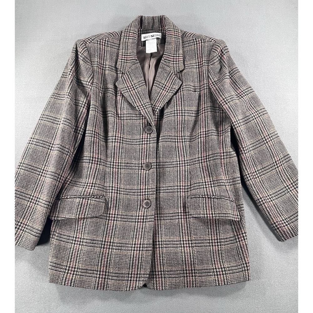 VTG 90s White Stag 16 Wool Blend Brown Glen Plaid Blazer Jacket Preppy Tailored